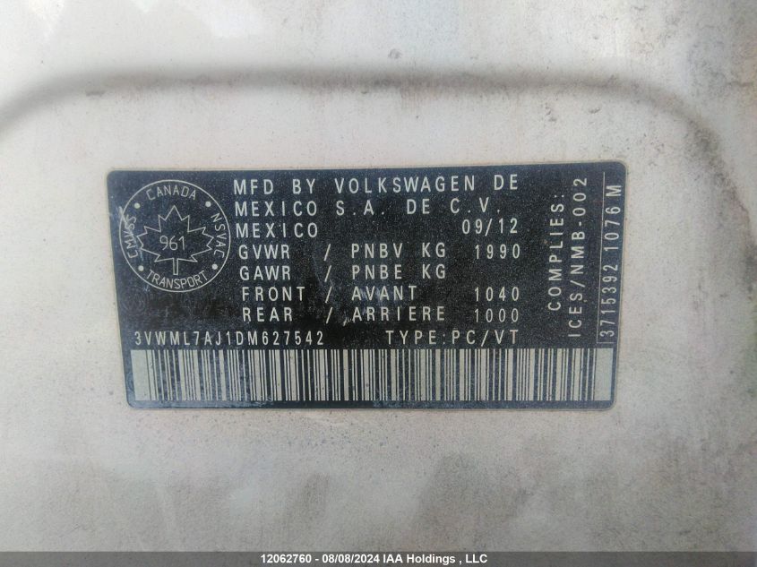 2013 Volkswagen Golf Tdi VIN: 3VWML7AJ1DM627542 Lot: 12062760