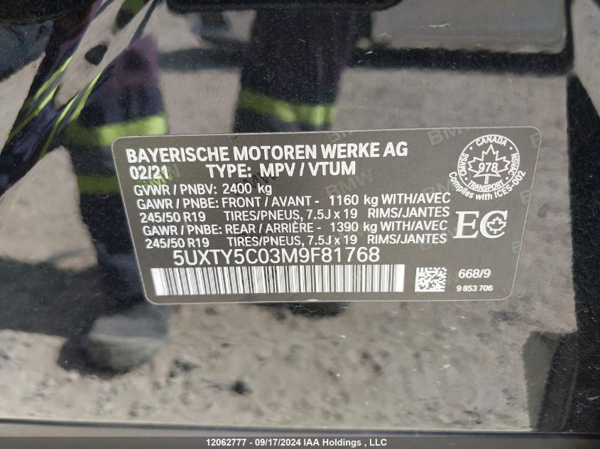 2021 BMW X3 VIN: 5UXTY5C03M9F81768 Lot: 12062777