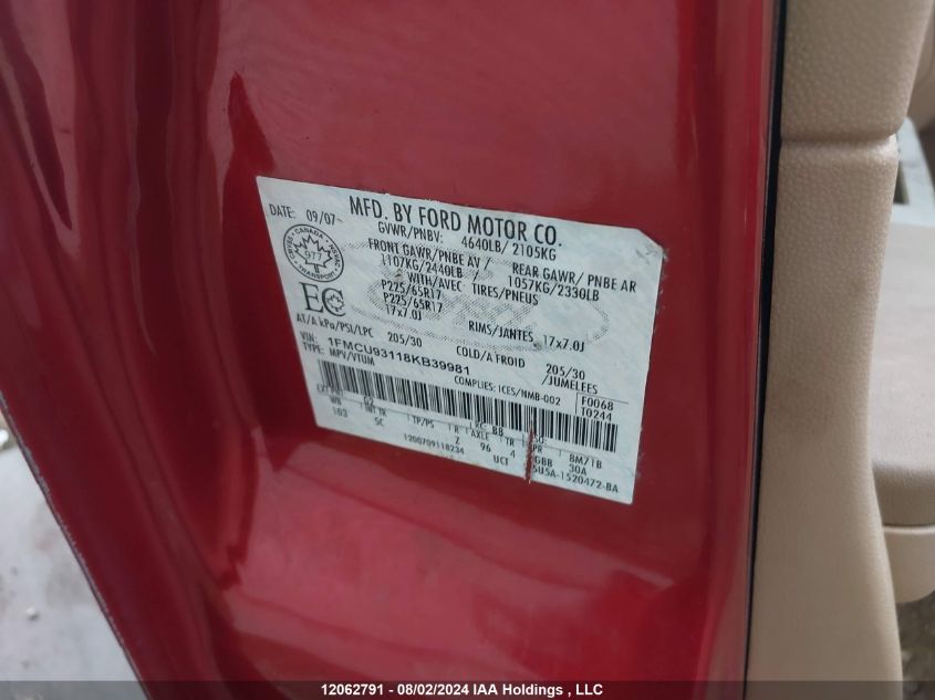 2008 Ford Escape Xlt VIN: 1FMCU93118KB39981 Lot: 12062791