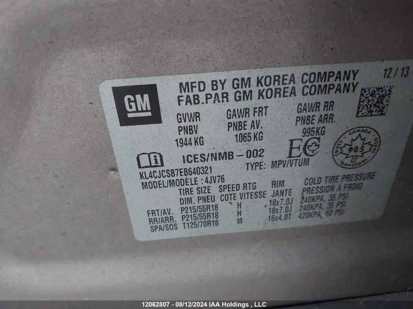 2014 Buick Encore VIN: KL4CJCSB7EB640321 Lot: 12062807