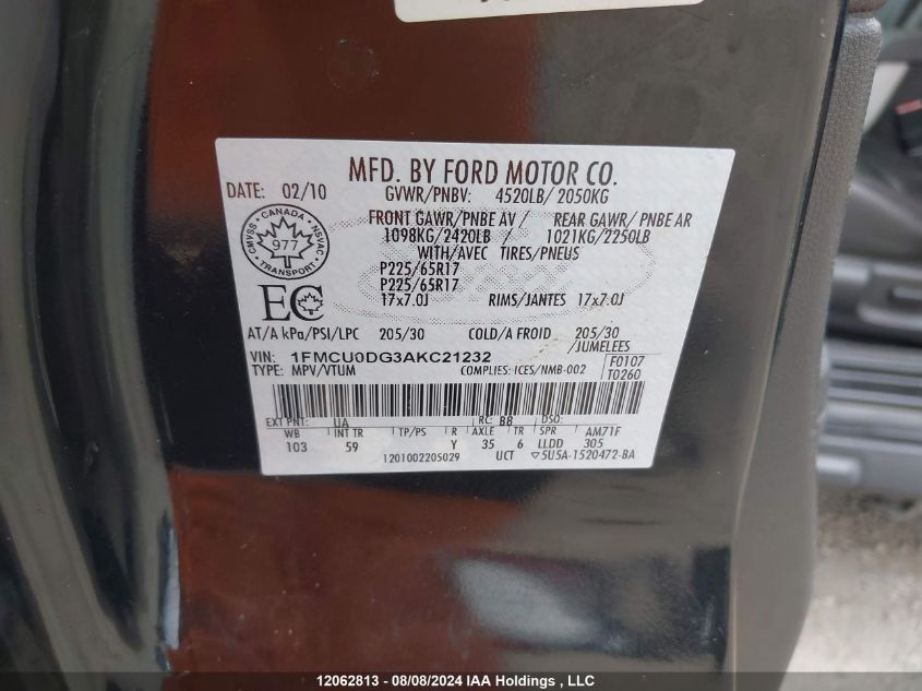 2010 Ford Escape VIN: 1FMCU0DG3AKC21232 Lot: 12062813