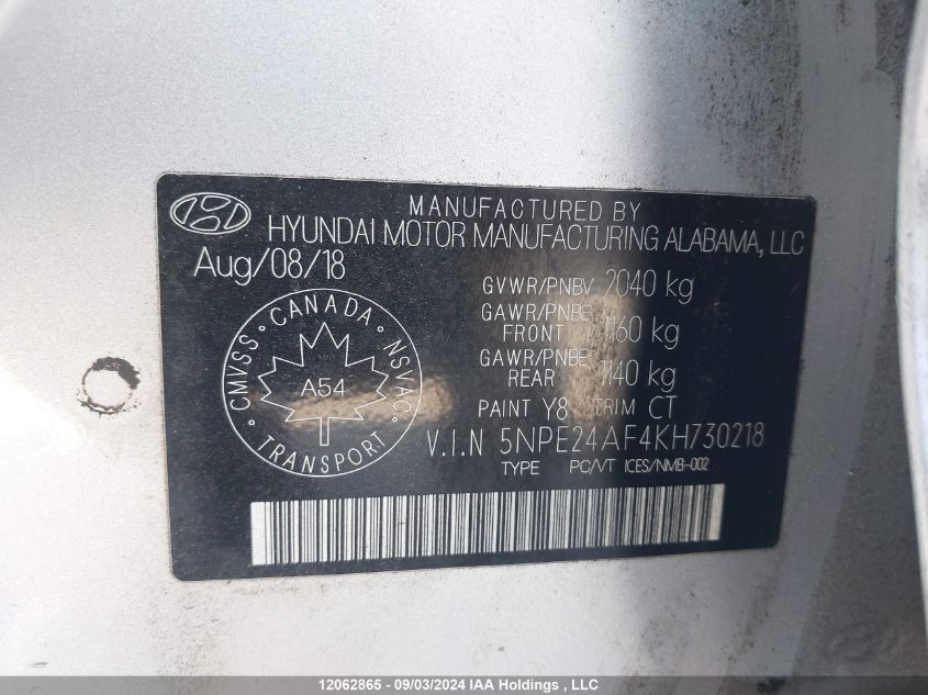 5NPE24AF4KH730218 2019 Hyundai Sonata Se