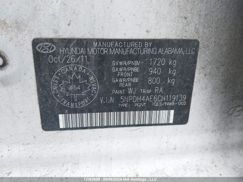 2012 Hyundai Elantra Gls/Limited VIN: 5NPDH4AE6CH119139 Lot: 12062889