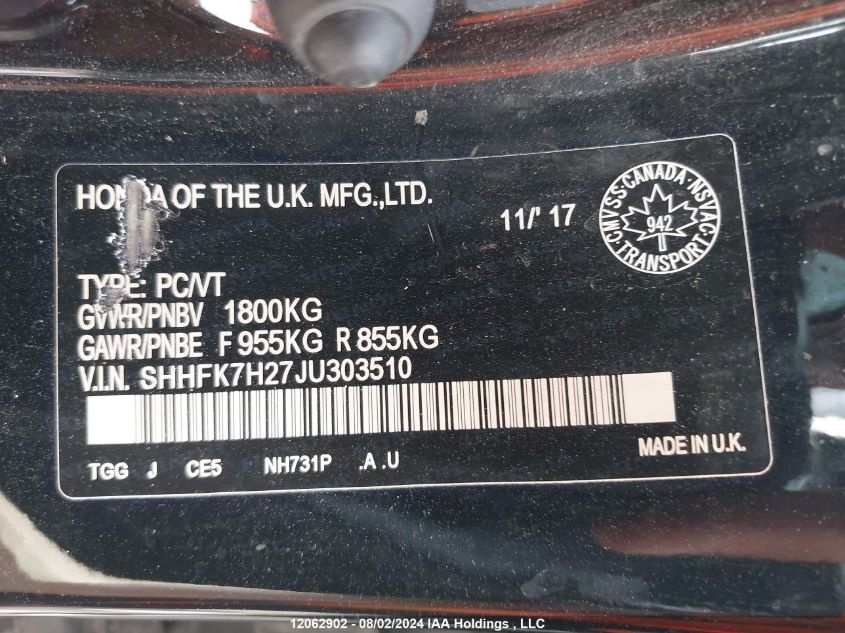 2018 Honda Civic Hatchback VIN: SHHFK7H27JU303510 Lot: 12062902