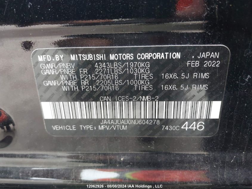 2022 Mitsubishi Rvr VIN: JA4AJUAU0NU604278 Lot: 12062926