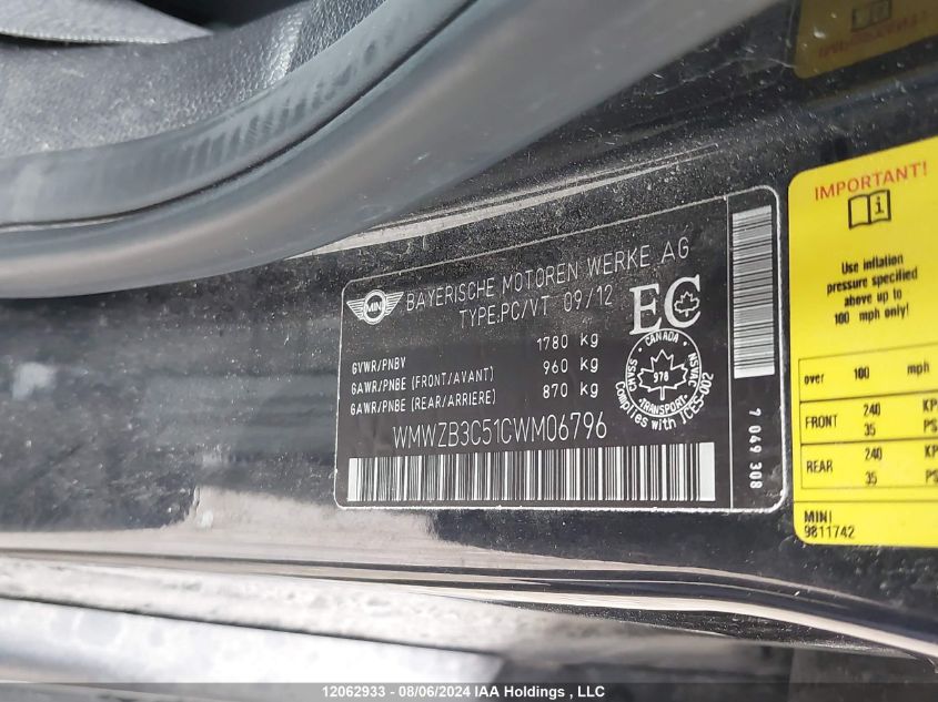 2012 Mini Cooper Countryman VIN: WMWZB3C51CWM06796 Lot: 12062933
