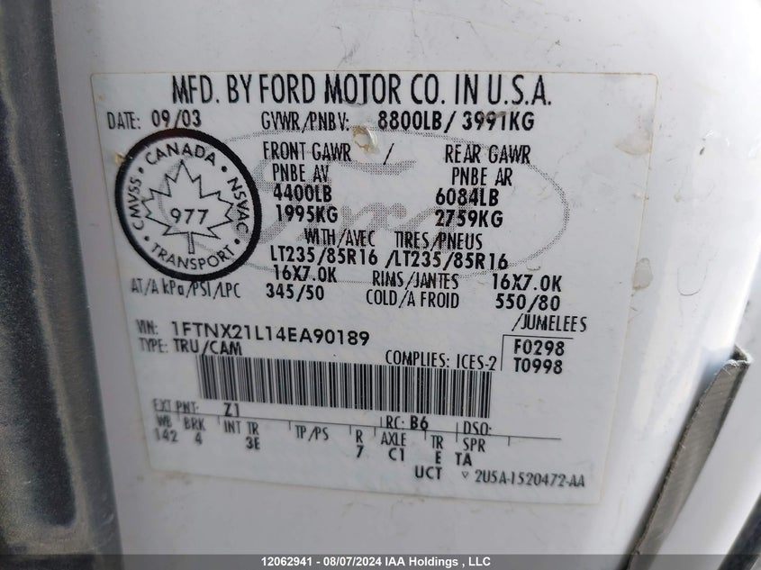 2004 Ford Super Duty F-250 VIN: 1FTNX21L14EA90189 Lot: 12062941