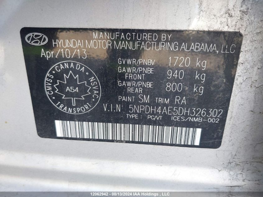 2013 Hyundai Elantra Gls/Limited VIN: 5NPDH4AE5DH326302 Lot: 12062942