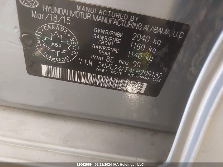 2015 Hyundai Sonata Gls VIN: 5NPE24AF4FH209182 Lot: 12062959