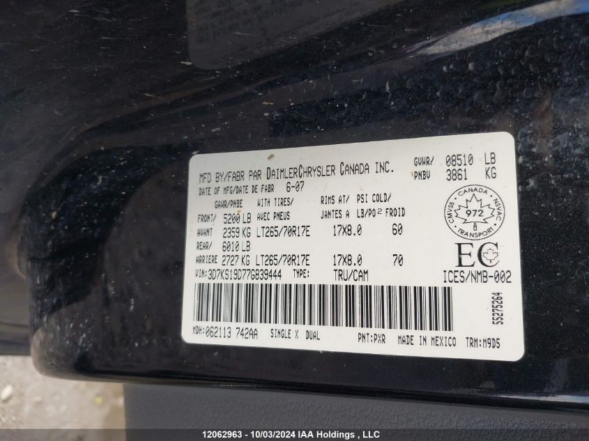 3D7KS19D77G839444 2007 Dodge Ram 1500