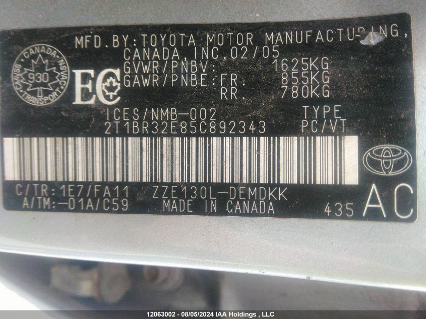 2005 Toyota Corolla Ce/Le/S VIN: 2T1BR32E85C892343 Lot: 12063002