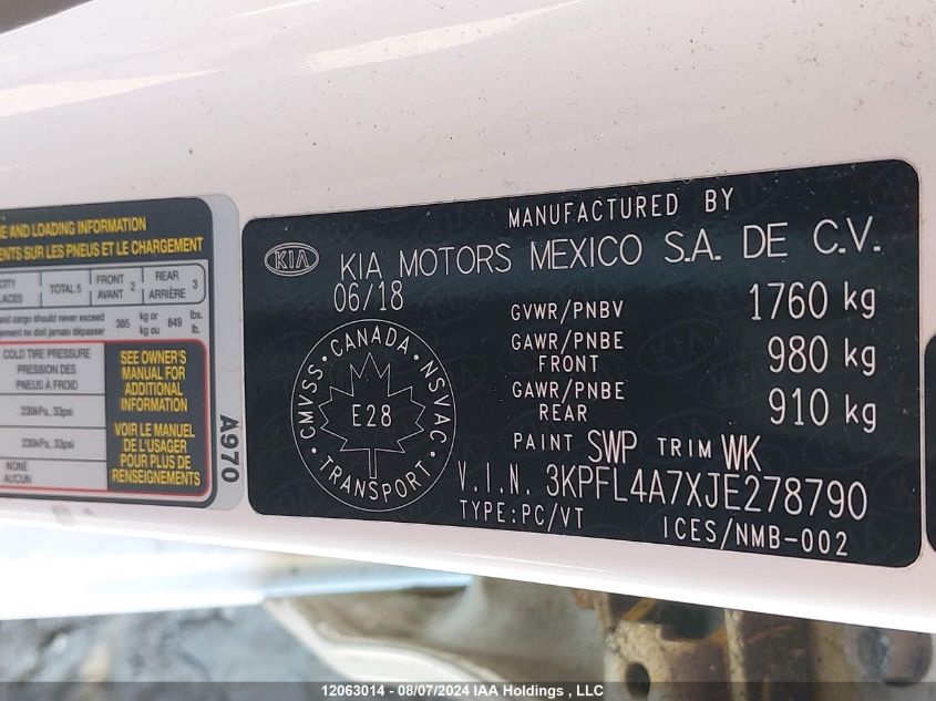 2018 Kia Forte VIN: 3KPFL4A7XJE278790 Lot: 12063014