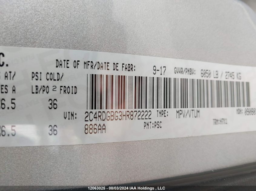 2017 Dodge Grand Caravan Cvp/Sxt VIN: 2C4RDGBG3HR872222 Lot: 12063025