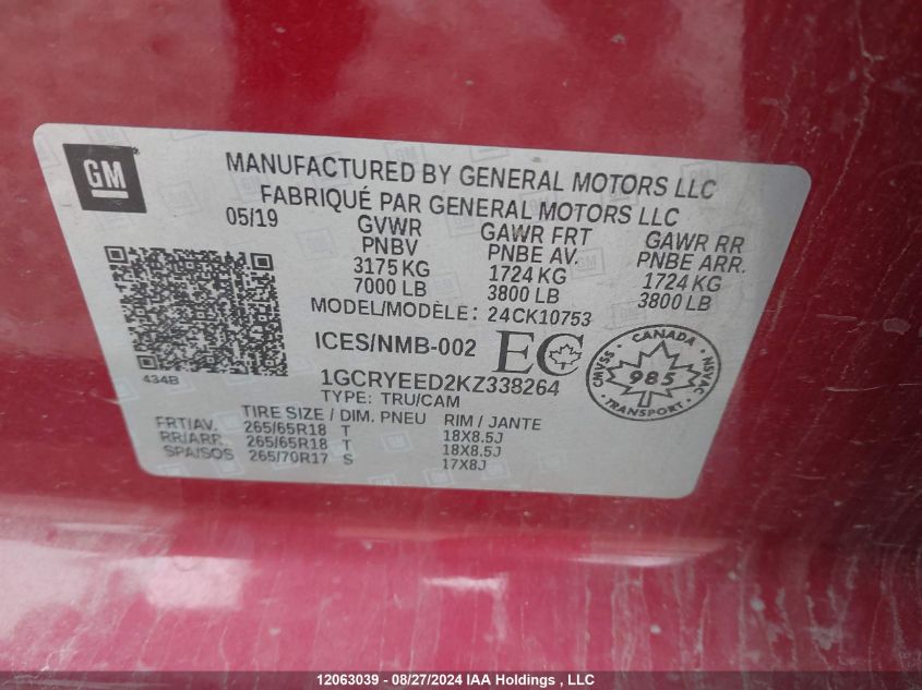 2019 Chevrolet Silverado 1500 VIN: 1GCRYEED2KZ338264 Lot: 12063039