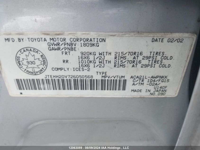 2002 Toyota Rav4 VIN: JTEHH20V726050568 Lot: 12063089