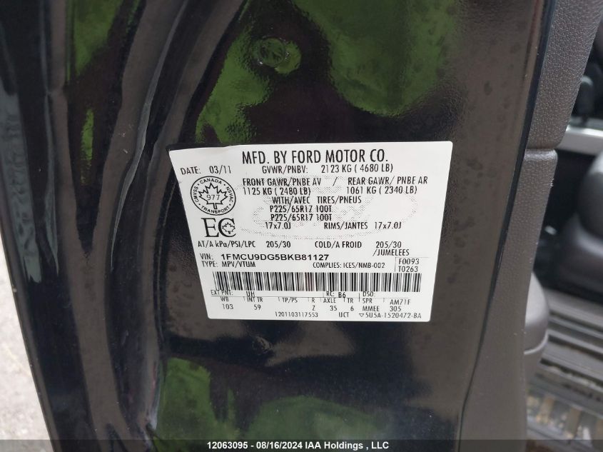 2011 Ford Escape Xlt Automatic VIN: 1FMCU9DG5BKB81127 Lot: 12063095