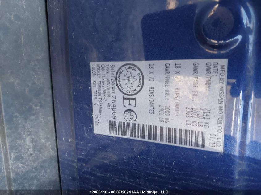 2019 Nissan Rogue VIN: 5N1AT2MV4KC764069 Lot: 12063110