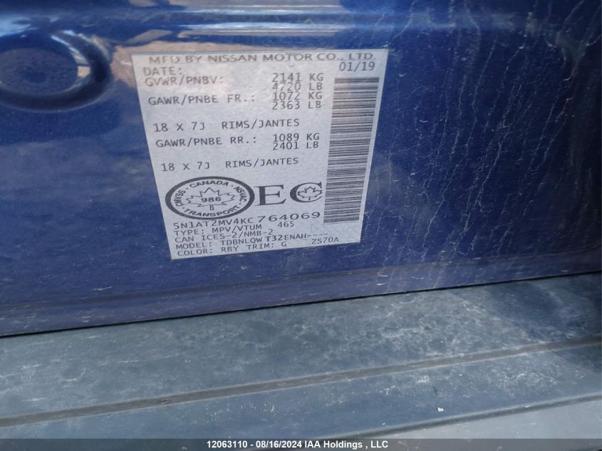 2019 Nissan Rogue VIN: 5N1AT2MV4KC764069 Lot: 12063110