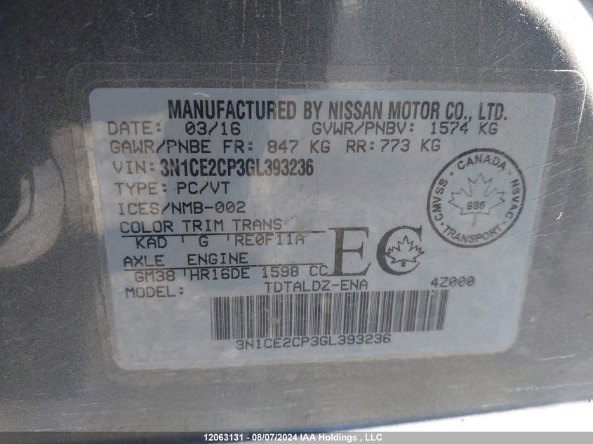 2016 Nissan Versa Note VIN: 3N1CE2CP3GL393236 Lot: 12063131