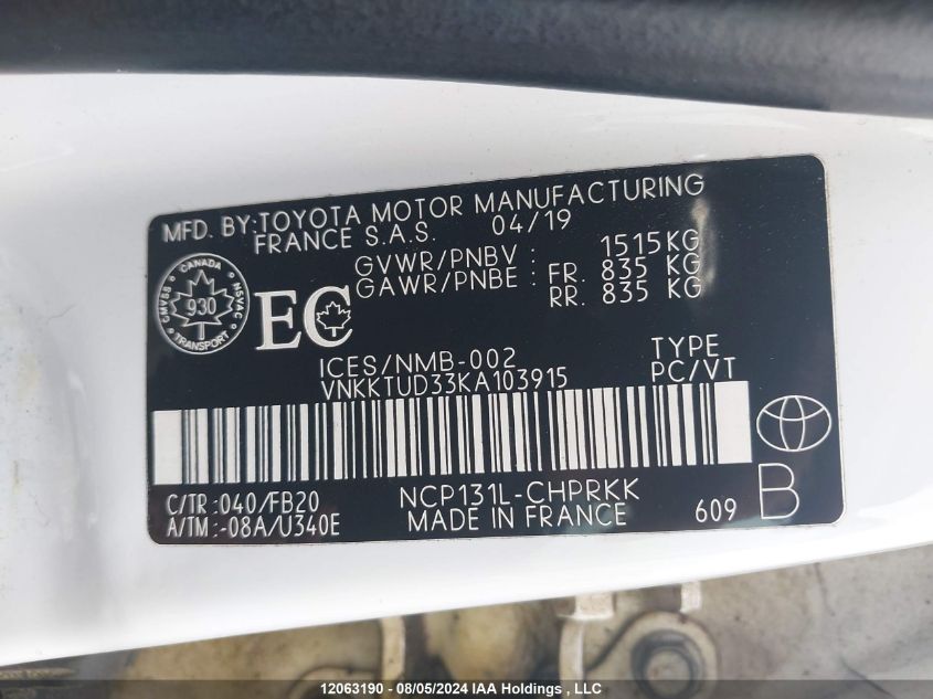 2019 Toyota Yaris Le VIN: VNKKTUD33KA103915 Lot: 12063190