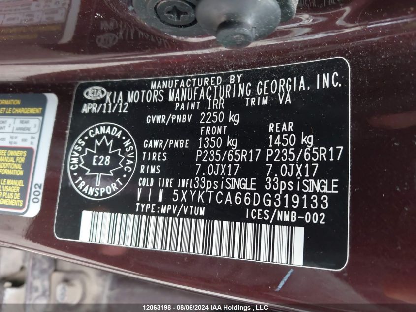 2013 Kia Sorento Lx VIN: 5XYKTCA66DG319133 Lot: 12063198