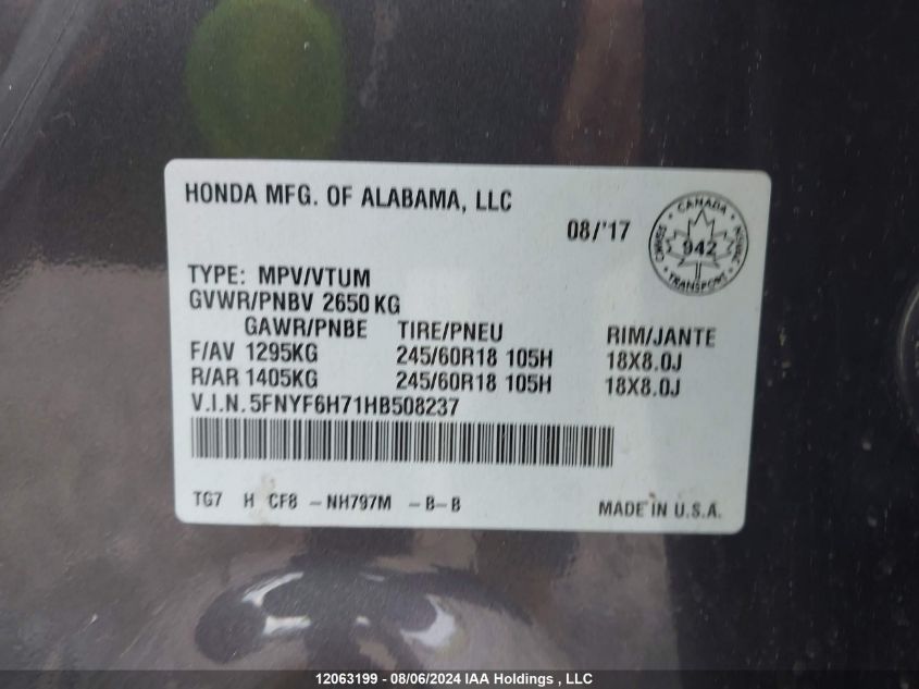 2017 Honda Pilot VIN: 5FNYF6H71HB508237 Lot: 12063199