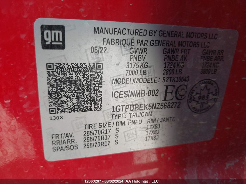 2022 GMC Sierra 1500 VIN: 1GTPUBEK5NZ568272 Lot: 12063207