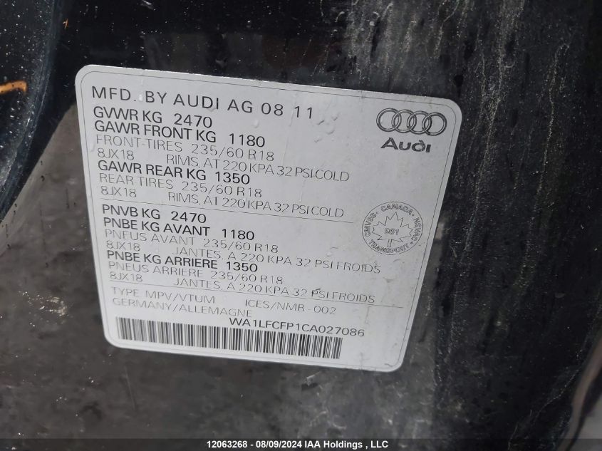 2012 Audi Q5 VIN: WA1LFCFP1CA027086 Lot: 12063268