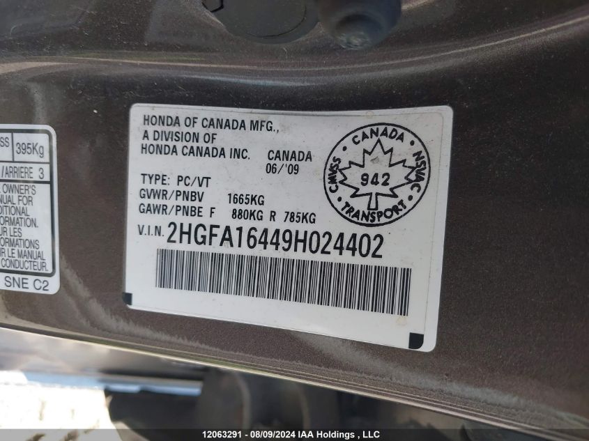 2009 Honda Civic Sdn VIN: 2HGFA16449H024402 Lot: 12063291