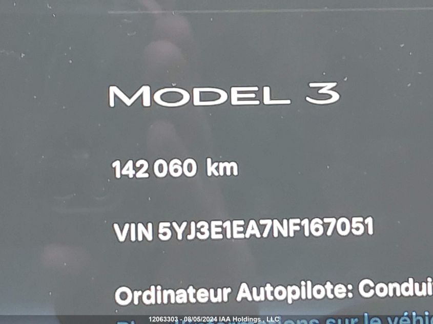 2022 Tesla Model 3 VIN: 5YJ3E1EA7NF167051 Lot: 12063303