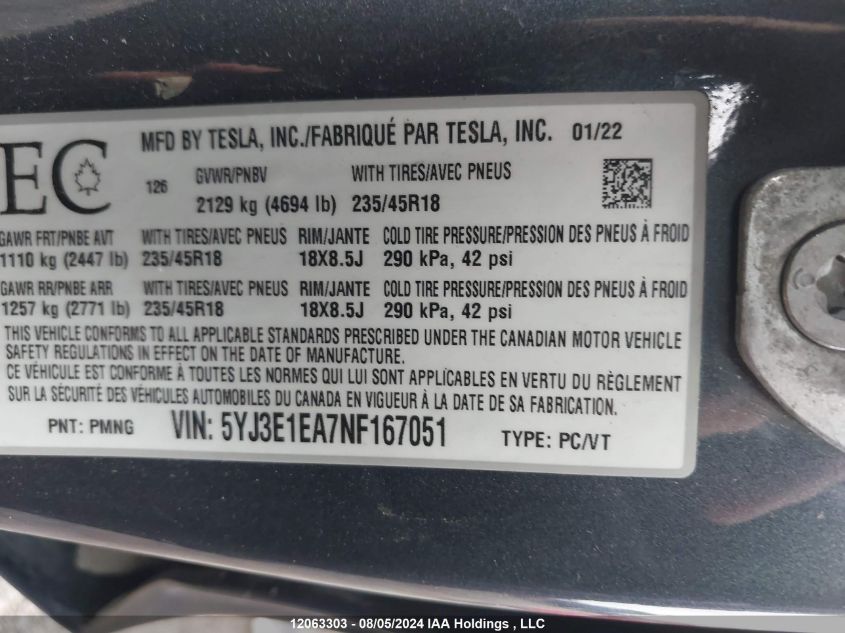 2022 Tesla Model 3 VIN: 5YJ3E1EA7NF167051 Lot: 12063303