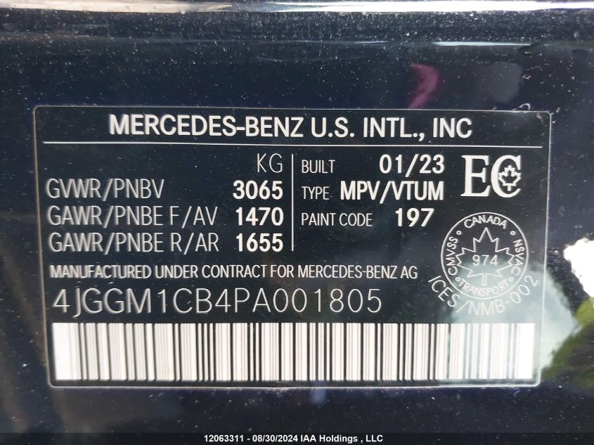 2023 Mercedes-Benz Eqe VIN: 4JGGM1CB4PA001805 Lot: 12063311