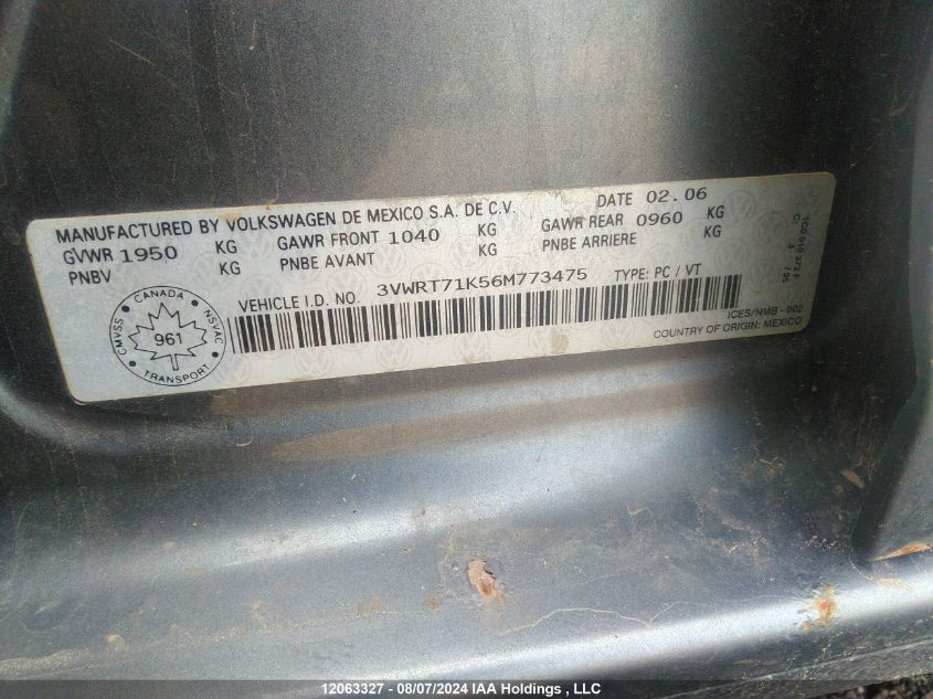 2006 Volkswagen Jetta Sedan VIN: 3VWRT71K56M773475 Lot: 12063327