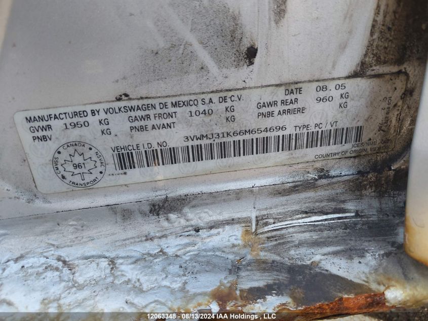 2006 Volkswagen Jetta Sedan VIN: 3VWMJ31K66M654696 Lot: 12063348