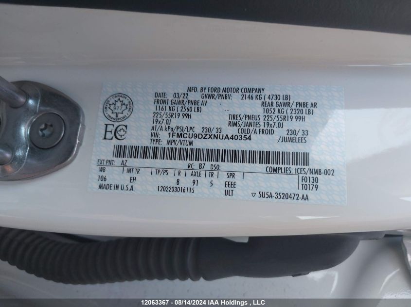 2022 Ford Escape Titanium VIN: 1FMCU9DZXNUA40354 Lot: 12063367