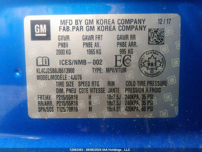 2018 Buick Encore VIN: KL4CJ2SB8JB613908 Lot: 12063383