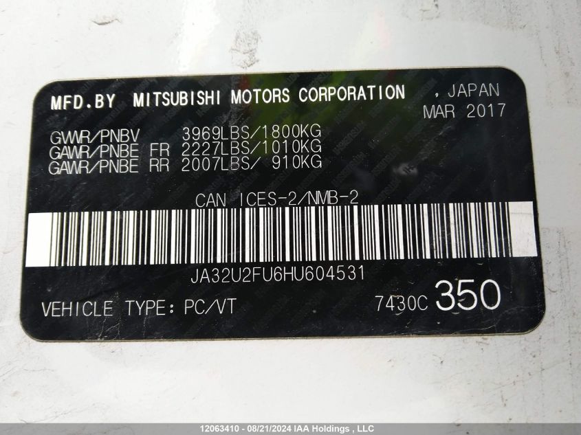 2017 Mitsubishi Lancer VIN: JA32U2FU6HU604531 Lot: 12063410