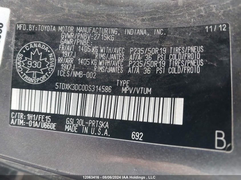 2013 Toyota Sienna Se 8 Passenger VIN: 5TDXK3DC0DS314586 Lot: 12063416