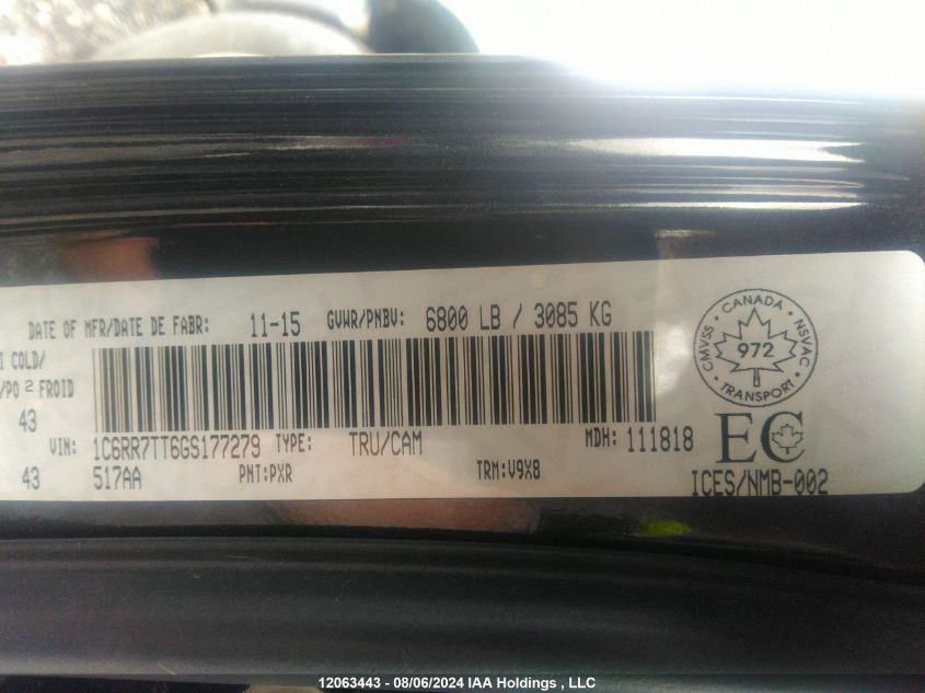 2016 Ram 1500 Slt VIN: 1C6RR7TT6GS177279 Lot: 12063443