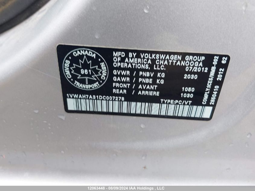 2013 Volkswagen Passat VIN: 1VWAH7A31DC007278 Lot: 12063448