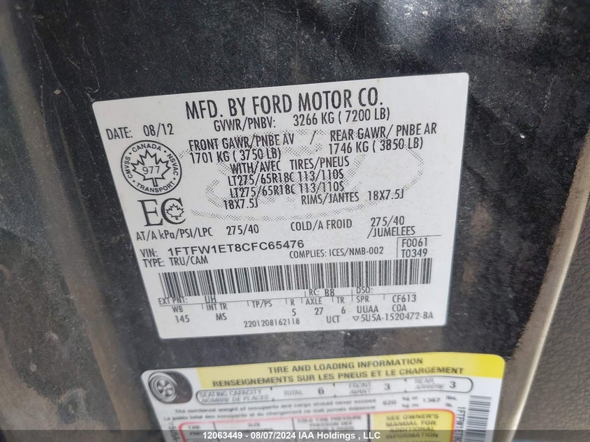 2012 Ford F150 Supercrew VIN: 1FTFW1ET8CFC65476 Lot: 12063449