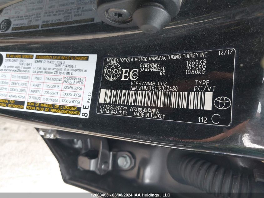 2018 Toyota C-Hr Xle VIN: NMTKHMBX1JR052480 Lot: 12063453