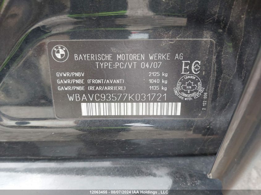 2007 BMW 328Xi VIN: WBAVC93577K031721 Lot: 12063455