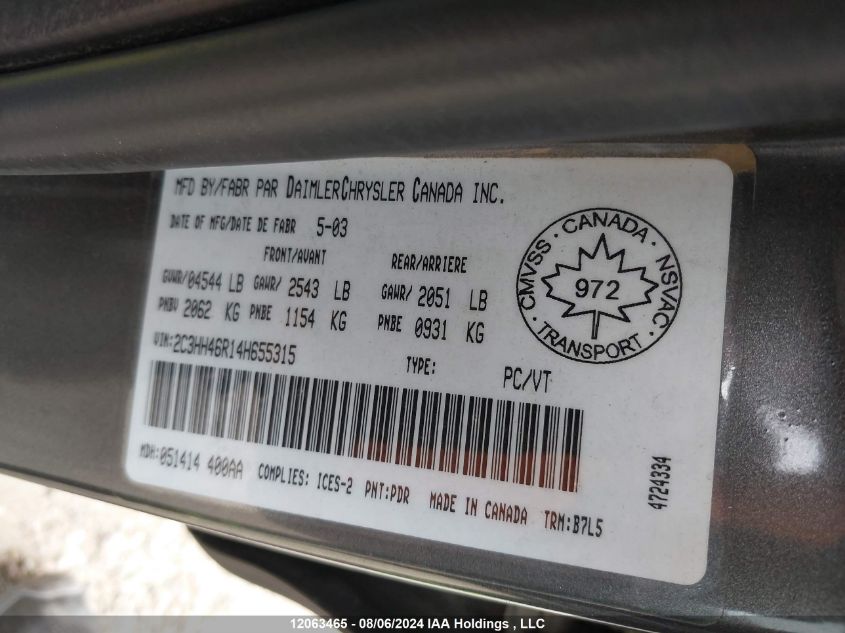 2004 Chrysler Intrepid VIN: 2C3HH46R14H655315 Lot: 12063465