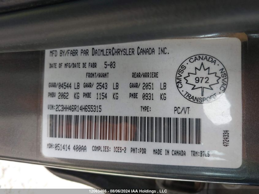 2004 Chrysler Intrepid VIN: 2C3HH46R14H655315 Lot: 12063465