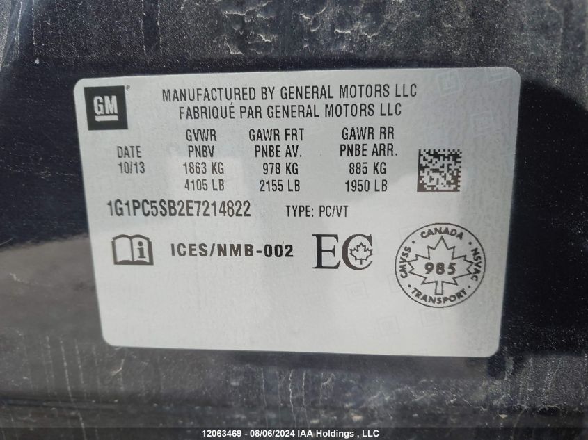 2014 Chevrolet Cruze VIN: 1G1PC5SB2E7214822 Lot: 12063469