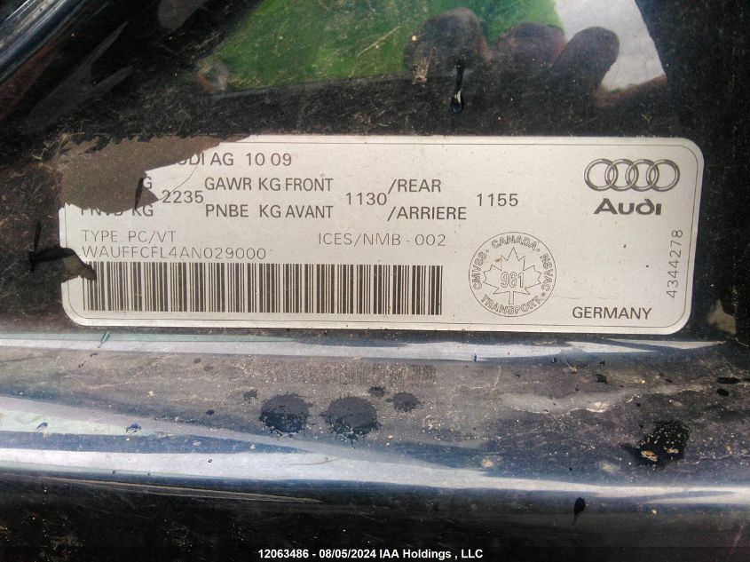 2010 Audi A4 VIN: WAUFFCFL4AN029000 Lot: 12063486