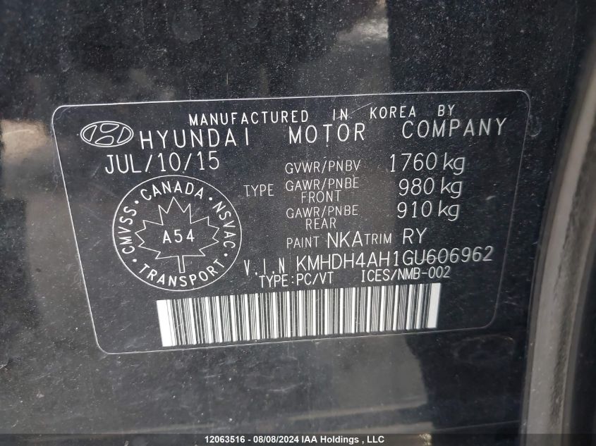 2016 Hyundai Elantra Limited VIN: KMHDH4AH1GU606962 Lot: 12063516