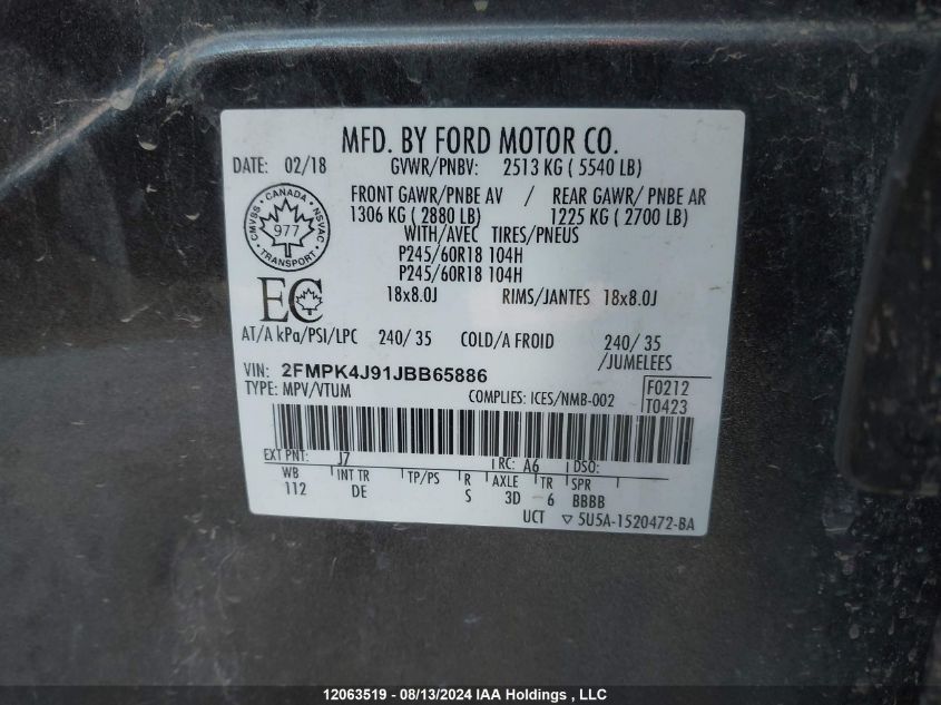 2018 Ford Edge Sel VIN: 2FMPK4J91JBB65886 Lot: 12063519