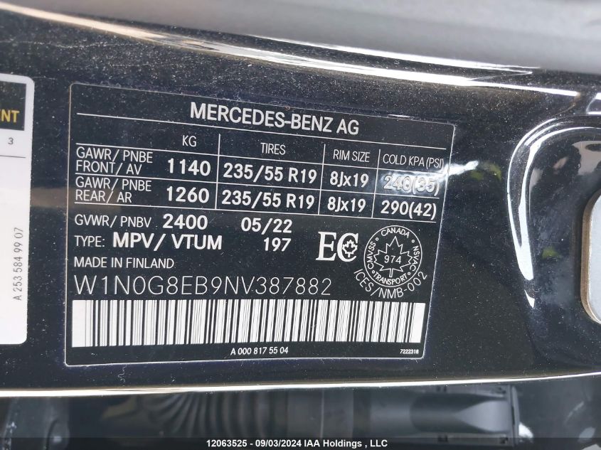 2022 Mercedes-Benz Glc VIN: W1N0G8EB9NV387882 Lot: 12063525